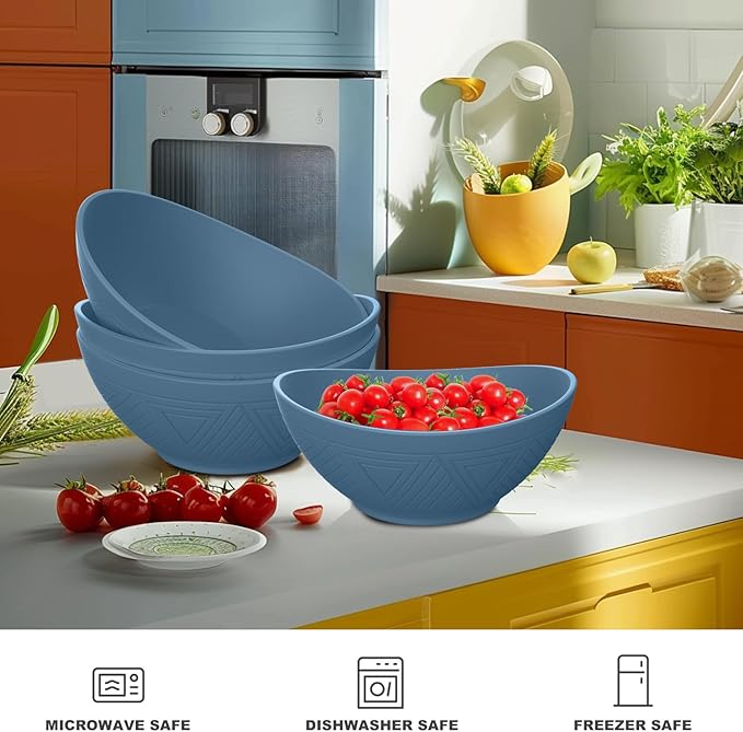 65 OZ Wheta Straw Bowls Set - Unbreakable Large Salad Bowl 4 PCS, Large Capacity Kitchen Bowls Microwave & Dishwasher Safe Serving Bowl for Salad, Popcorn, Chip (Blue)