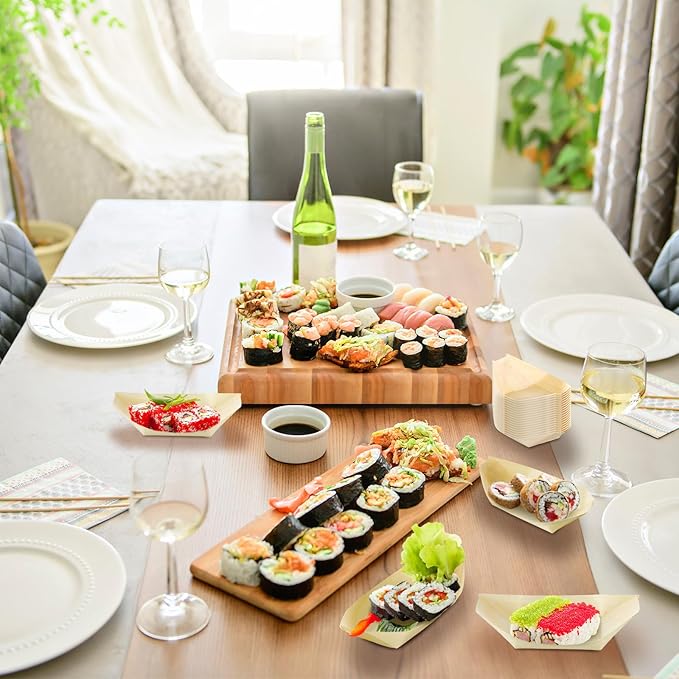 Hoolerry 1000 Pcs Disposable Wood Boat Plates Dishes 4 Inches Bamboo Plates Sushi Boat Disposable Bamboo Leaf Dish Serving Tray Food Container Wood Bowl For Catering Home