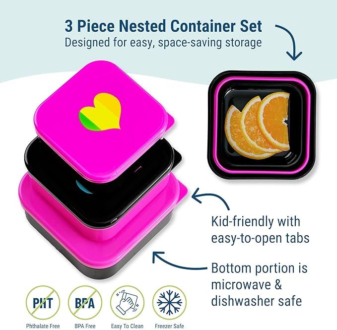 Wildkin Nesting Food Containers for Kids – Stackable, Airtight & Dishwasher Safe - Set of 3 - Rainbow Hearts