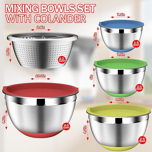Mixing Bowls with Strainer, Mixing Bowl with Lids Set, Stainless Steel Mixing Bowls, Kitchen Gadgets 2025 Salad Bowls with Strainer for Mixing & Preping & Baking, Multicolor