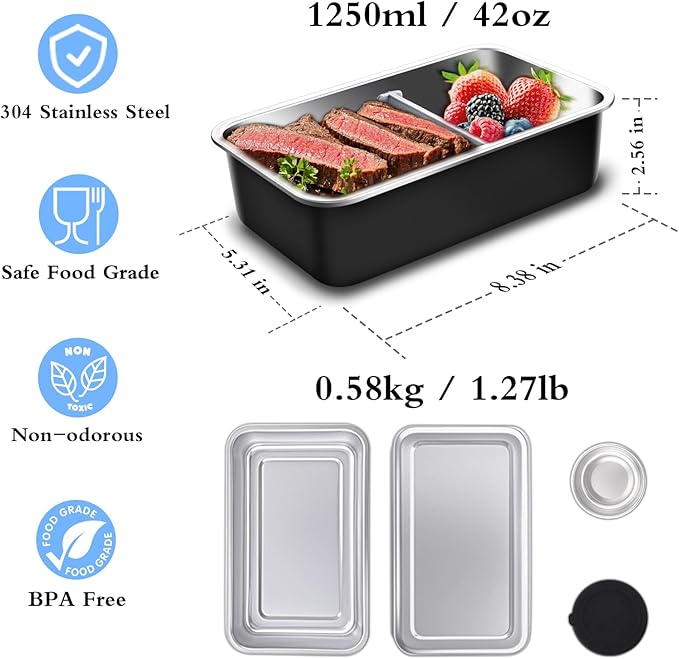 Stainless Steel Bento Lunch Box for Adult, 42oz Leak-Proof Lunch Box Containers, Microwave-Safe, with Adjustable Divider, Convenient Metal Lunchbox for Work, Travel