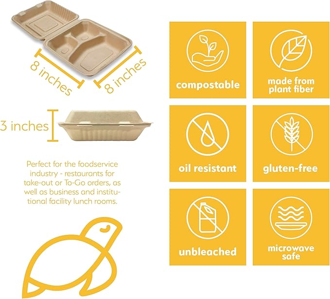 100% Compostable Disposable Food Containers with Lids [8”X8” 3-Comp 200 Pack] Eco-Friendly Take-Out TO-GO Containers, Heavy-Duty, Biodegradable, Unbleached by Earth's Natural Alternative
