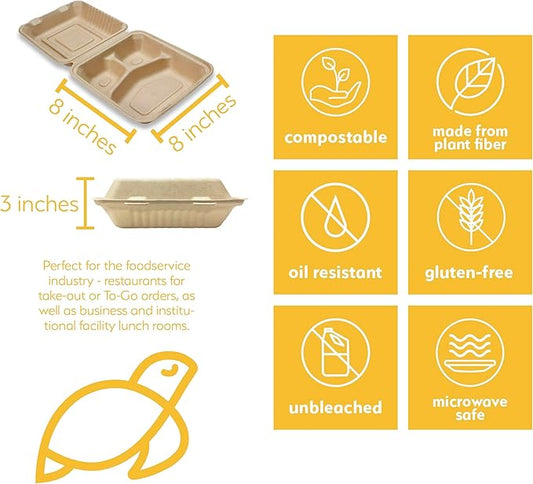 100% Compostable Disposable Food Containers with Lids [8”X8” 3-Comp 200 Pack] Eco-Friendly Take-Out TO-GO Containers, Heavy-Duty, Biodegradable, Unbleached by Earth's Natural Alternative
