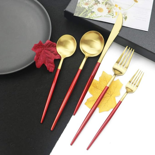 JASHII Luxury 18/10 Red Handle Flatware Gold Silverware Set 304 Stainless Steel Flatware Cutlery Set| 20-Piece Adaline Royal Modern Satin Finish| BEST Birthday Wedding Gift (Red Handle Matte Gold)