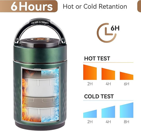 67 ozAdults Stainless Steel Vacuum Insulated Wide Mouth Soup Food Thermos Hot Food Jar with Keep Thermal Portable 3 Tier Stackable Bento Hot Food Containers Lunch Boxes (Green)