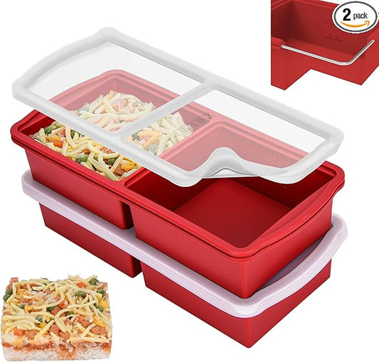 Silicone Freezer Trays with Lid,2-cup Soup Freezer Container large Ice Cube Molds with Reinforced Steel Ring Top for freezing Soup Sauce Broth Leftovers oven Dishwasher -Safe (red)