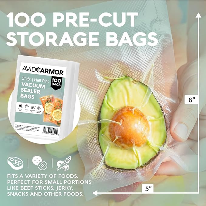 Avid Armor Small Pint Size Vacuum Sealer Bags, Vac Seal Bags for Food Storage, Meal Saver Freezer Vacuum Sealer Bags, Sous Vide Bags Vacuum Sealer, Non-BPA, 5 x 8 inches, Pack of 100