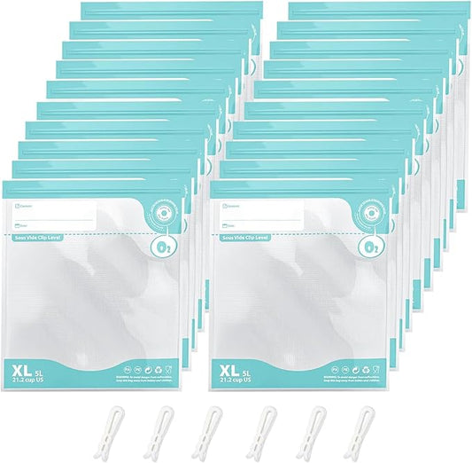 Sous Vide Bags Reusable, Vacuum Food Storage Bags 20 pcs (11.8*13.4in) Comes with 6 Sealing Sliders Thicken PA&PE material Double zipper Long-lasting freshness bag for Cooking, Food Storage XL 20pcs