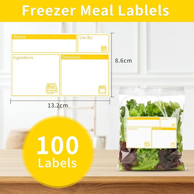 100pcs Labels for Freezer Bags Freezer Meal Labels with Instructions 3.2 X 5 inch Oil and Water Resistant Labels Food Labels for Freezer Storage for Leftovers in Fridge Removable Freezer (Yellow)