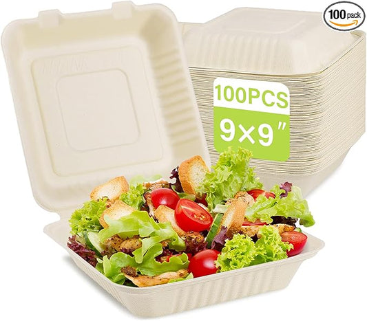 greensight Clamshell Take Out Food Container 100 Pack, 9X9 Compostable Food Container, Disposable To Go Boxes, Made From Eco-Friendly Biodegradable Sugarcane Fibers
