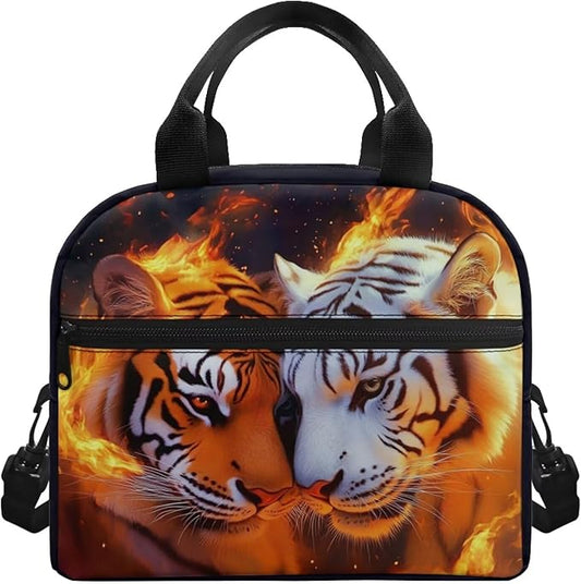 Showudesigns Fire Tiger Lunch Box for Teen Girls Middle School Kids Lunch Bag 10-12 12-14 Insulated Lunchbox Purse with Adjustable Shoulder Strap Thermal Meal Organizer Black