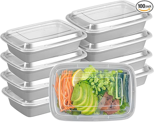 Restaurantware Asporto 24 Ounce Take Out Containers, 100 Food Containers With Lids - Microwavable, Disposable, Silver Plastic To Go Food Containers, No BPA, For Take Out And Delivery