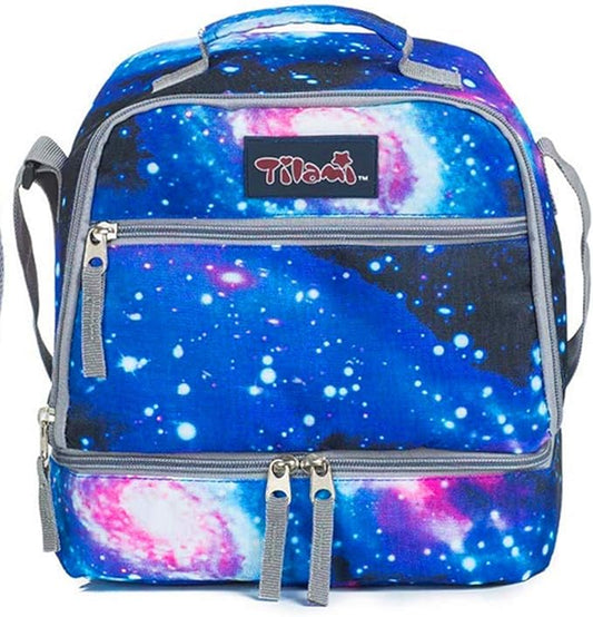 Tilami Lunch Bags Insulated Adjustable Strap Zipper, Two Compartments Cooler Bags, Bento Bags for Kids Toddlers, Galaxy