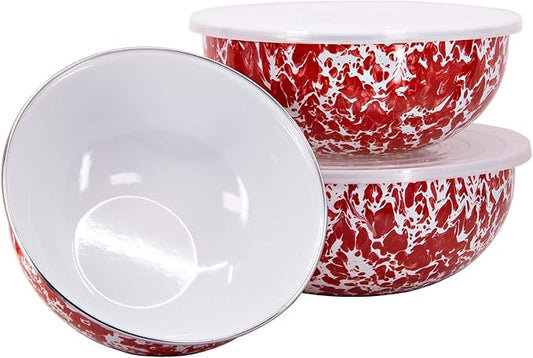 Golden Rabbit Enamelware - Set of 3 - Mixing Bowls (Red Swirl)