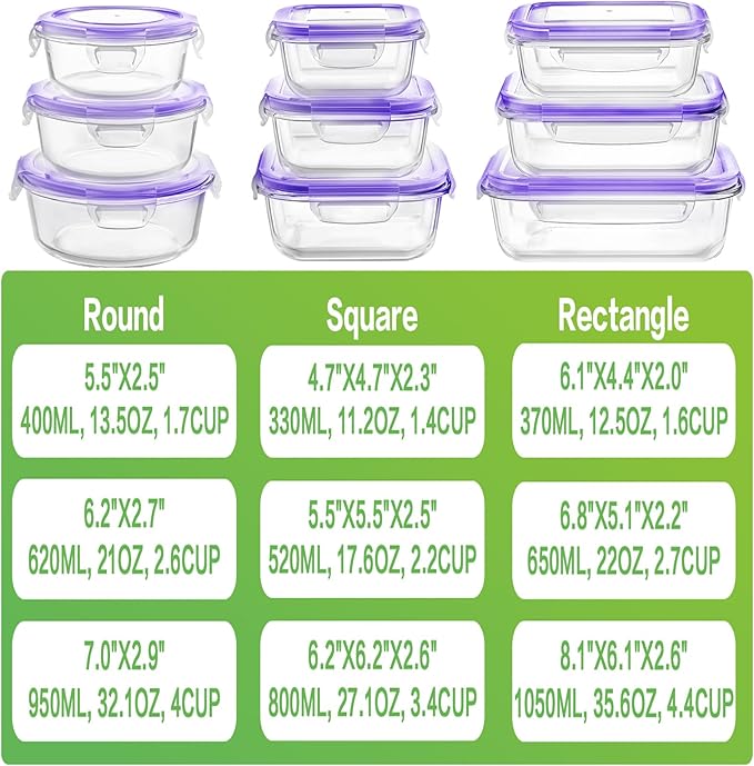 HOMBERKING Glass Food Storage Containers with Lids, [18 Piece] Glass Meal Prep Containers, Airtight Glass Lunch Bento Boxes, BPA-Free & Leak Proof (9 lids & 9 Containers) - Purple