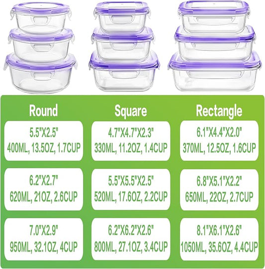 HOMBERKING Glass Food Storage Containers with Lids, [18 Piece] Glass Meal Prep Containers, Airtight Glass Lunch Bento Boxes, BPA-Free & Leak Proof (9 lids & 9 Containers) - Purple