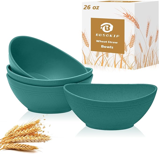 Wheat Straw Bowls Lightweight Plastic Bowls Reusable 26 OZ Unbreakable Bowl Set for Salad, Fruit, Cereal Bowl for Kitchen Dishwasher and Microwave Safe Serving Bowl - Green