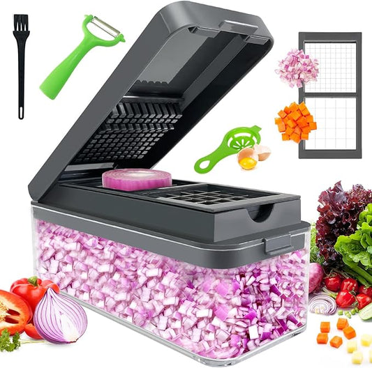 Vegetable Chopper, Onion Chopper Dicer, Mandoline Slicer with Container, Vegetable Cutter for Salad Potato Carrot Garlic（2 Blades, Grey）