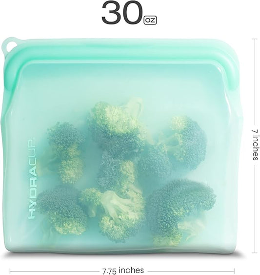 Hydra Cup Reusable Silicone Storage Bags [6 PACK] Food Storage Container, 30 ounces, Press to Lock, Stash Snacks & Meal Prep, Sandwich Size, Microwave & Dishwasher Safe