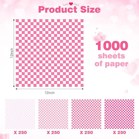 1000 Sheets Wax Deli Paper Sheets for Food 12 x 12 Inch Checkered Dry Waxed Deli Basket Liners for Sandwich Wrapping, Food Basket Liners, Picnic party(Pink-white)