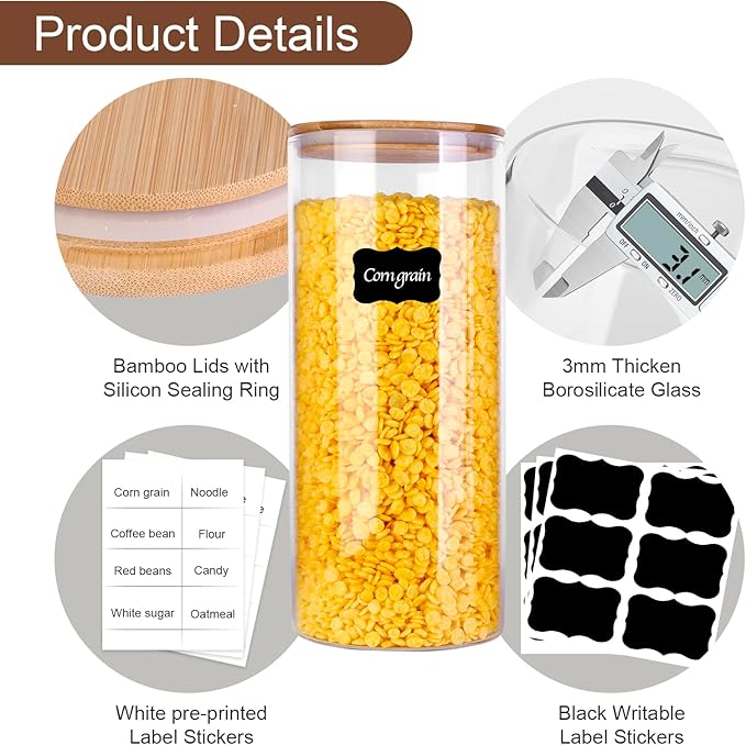 Glass Food Jars with Lids,37oz Glass Storage Containers with Airtight Bamboo Lids,Round Glass Canister Set of 4, Pantry Organizers and Storage for Cookie Flour Oat Pasta Tea Coffee Bean