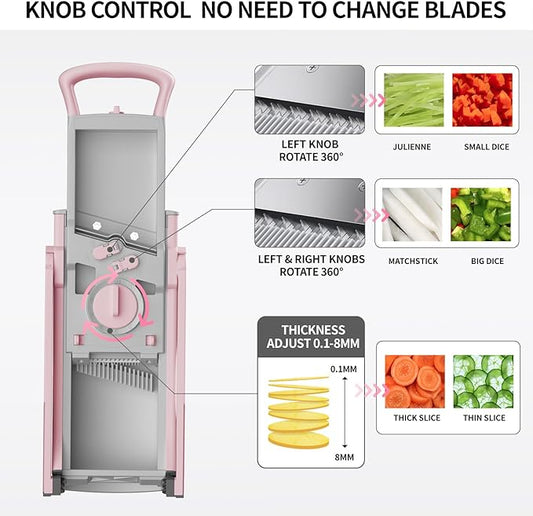 Upgrade Safe Mandoline Slicer for Kitchen, Chopper Vegetable Cutter, Potato Slicer Thickness Adjuster, French Fry Cutter, Veggie Dicer Faster Kitchen Mandolin for Meal Prep (Pink)