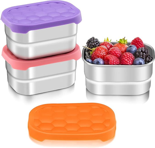 HaWare Stainless Steel Snack Containers for Toddlers and Kids, 8 oz Leak Proof Food Storage Containers with Silicone Lids, Stackable & Reusable Small Metal Lunch Box for Daycare and School- 3 Packs