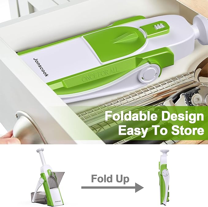 Safe Mandoline Slicer for Kitchen, Adjustable Thickness 0.1-8 mm, 5 in 1 Multi Vegetable Chopper, Potato Slice, Food Chopper French Fry Cutte, with Paring Knife/Cleaning Brush, Mandolin (AvocadoGreen)