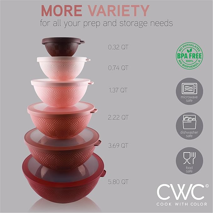 COOK WITH COLOR Mixing Bowls with Lids - 12 Piece Plastic Nesting Bowls Set includes 6 Prep Bowls and 6 Lids, Non Slip Bottom and Rhombus Design - Microwave Safe (Rose)