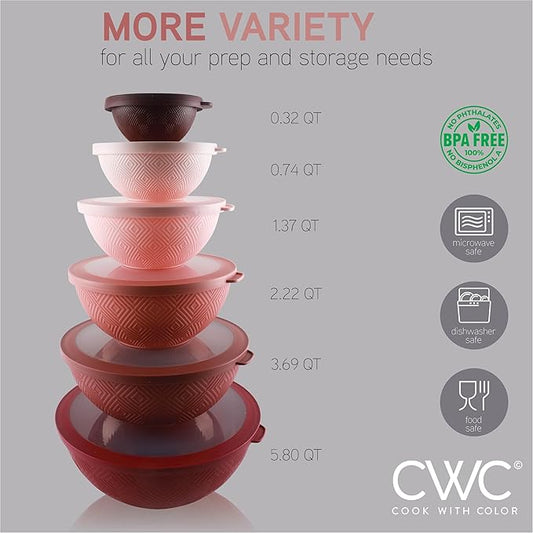 COOK WITH COLOR Mixing Bowls with Lids - 12 Piece Plastic Nesting Bowls Set includes 6 Prep Bowls and 6 Lids, Non Slip Bottom and Rhombus Design - Microwave Safe (Rose)