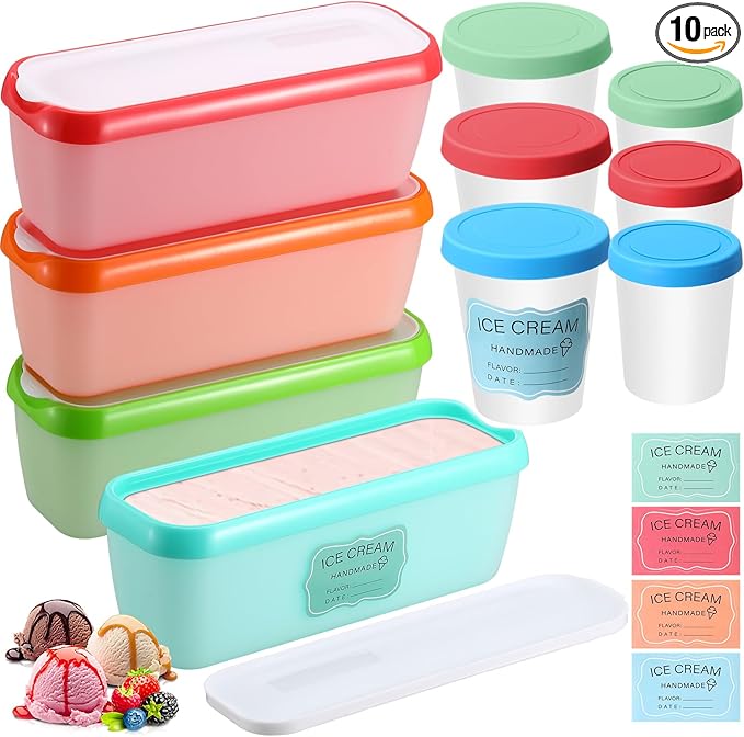 10 Pcs Ice Cream Containers Reusable Plastic Storage Containers for Freezer 1.5 Quart 8 oz 6 oz Homemade Ice Cream Tubs with Silicone Lids Stackable Storage for Gelato, Yogurt, Sorbet