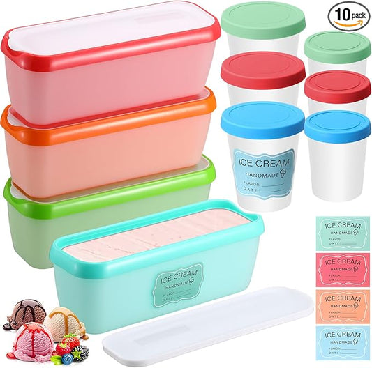 10 Pcs Ice Cream Containers Reusable Plastic Storage Containers for Freezer 1.5 Quart 8 oz 6 oz Homemade Ice Cream Tubs with Silicone Lids Stackable Storage for Gelato, Yogurt, Sorbet