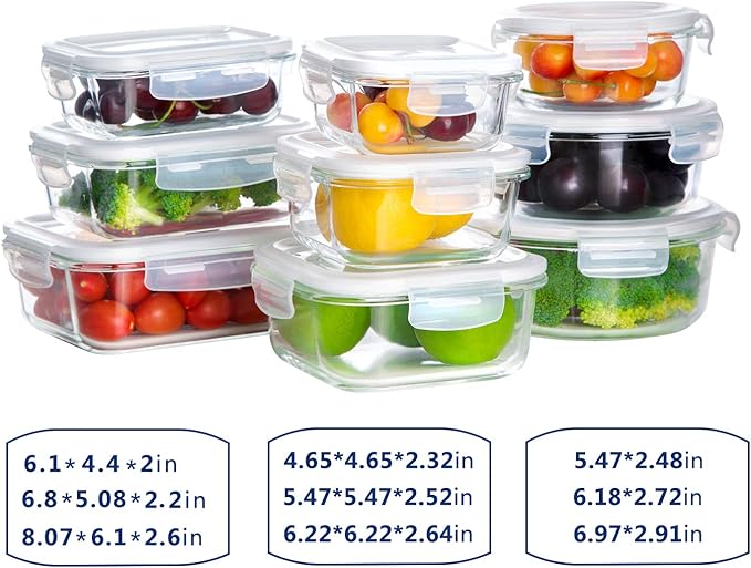 Bayco Glass Storage Containers with Lids, 9 Sets Glass Meal Prep Containers Airtight, Glass Food Storage Containers, Glass Containers for Food Storage with Lids - Leak Proof