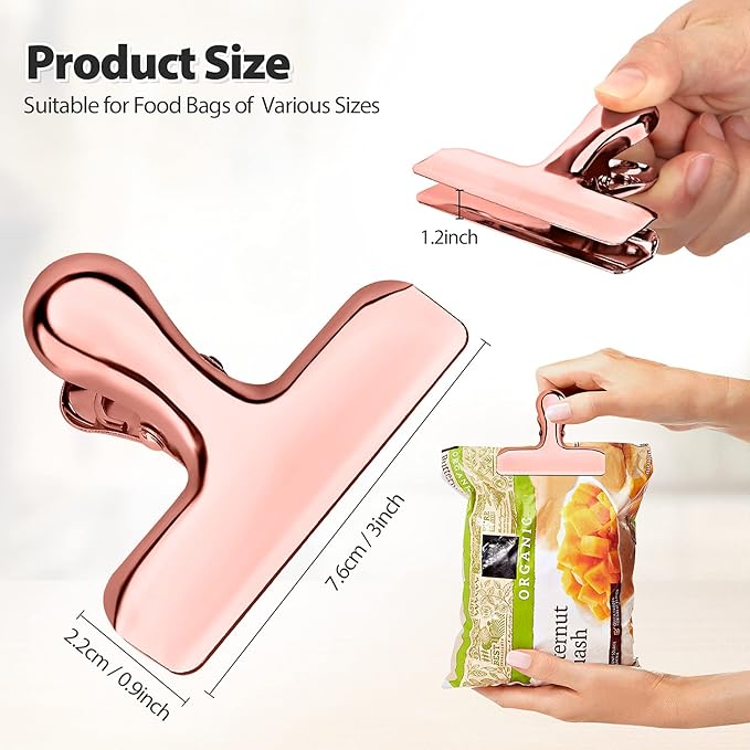 Pack of 8 Bag Clips, Stainless Steel and Heavy Duty Metal Bag Clip,Tightly Seals Chip, Coffee, Bread or Cereal Bags to Keep Food Fresh, for Home, Kitchen, Office, Pantry, Camping (Rose Gold)