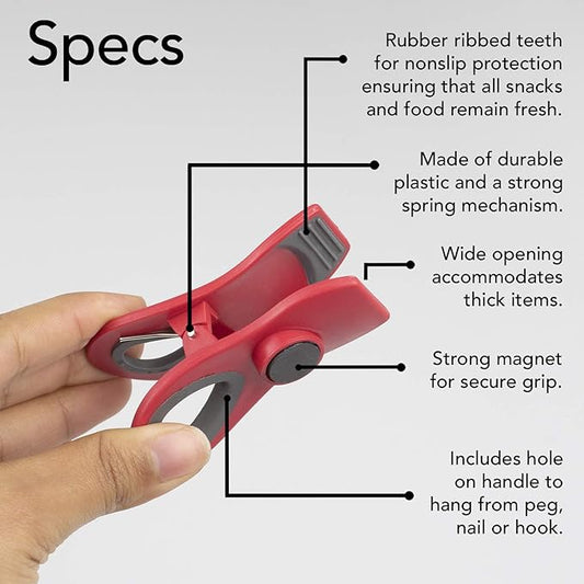 COOK WITH COLOR Bag Clips with Magnet- Food Clips, Chip Clips, Bag Clips for Food Storage with Airtight Seal Grip for Bread Bags, Snack Bags and Food Bags (Red, Pack of 20)