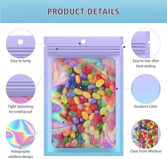100 Pieces Resealable Mylar Bags, Smell Proof Bags with Clear Window for Food Storage Party Favor Packaging Small Business (Purple&Light Blue, 3.5×4.7 Inch)