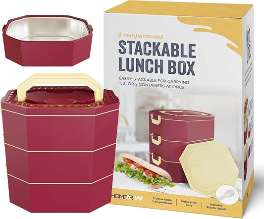 Stainless Steel Stackable Bento Box Adult Lunch Box with Cutlery - Hot/Cold - Separates Ideal Portion Sizes - Reusable Tin Inserts - Dishwasher Safe - Stackable Lunch Container for Adults with Spork