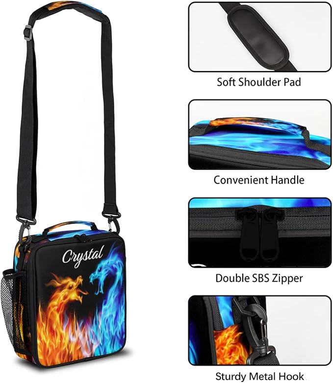Personalized Lunch Box with Name, Custom Lunch Box Flame Dragon Customized Insulated Lunch Bag Tote, Cooler Freezable Meal Prep Bag with Shoulder Strap Waterproof Lunch Container for Office Picnic