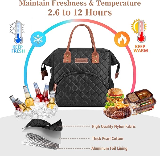 LOKASS Lunch Bag Insulated Lunch Box Wide-Open Lunch Tote Bag with Removable Shoulder Strap for Women/Men Adults Work Picnic Hiking Beach Fishing(Black)