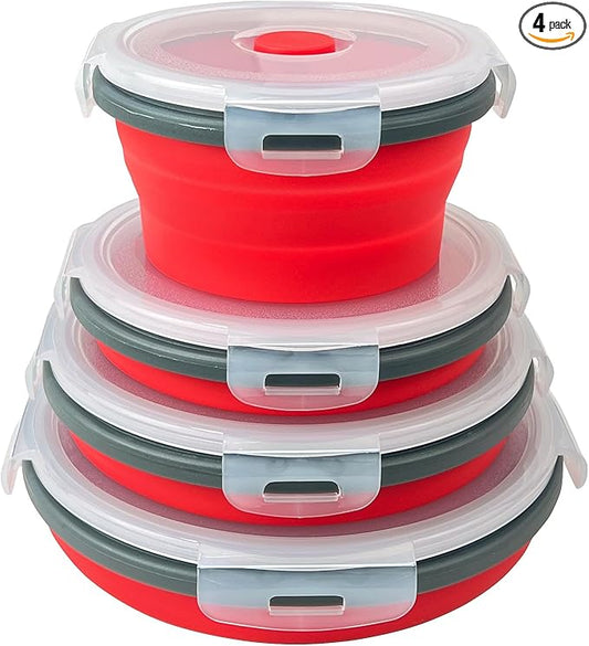 Guyuyii 4 Pack Collapsible Bowls with Lids – Space-Saving Food Container Sets for Home Kitchen, RV, Camping, Outdoor Cooking – Microwave, Dishwasher, Freezer Safe for Travel and Camper Use