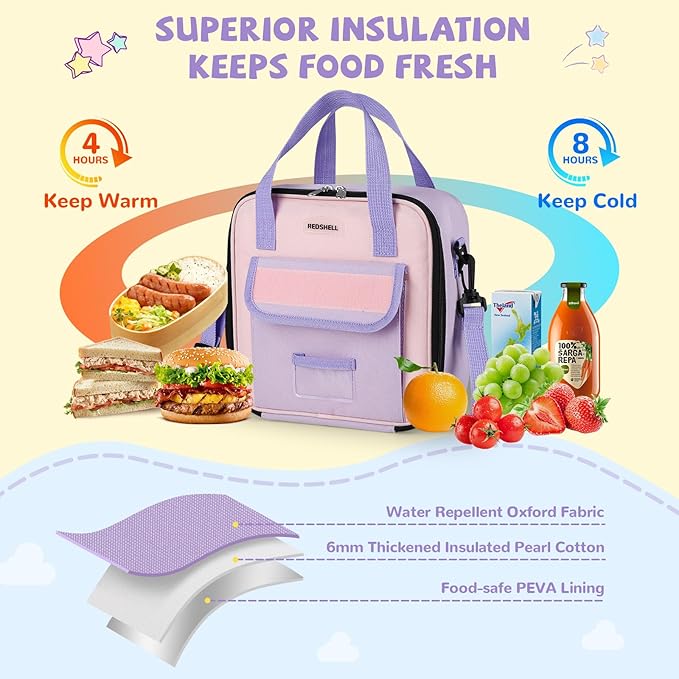 REDSHELL Tactical Lunch Box Kids, Large Insulated Lunch Bag for Girls, Cooler Lunchbag, Square Toddler Lunchbox, Back to School Daycare Lunch Tote Pail with Water Bottle Holder Shoulder Strap, Purple