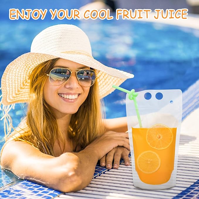 100 PCS Reusable Juice Pouches for Adults, Heavy Duty Plastic Smoothie Bags With 100 Straws Funnel for Cold Hot Drinks