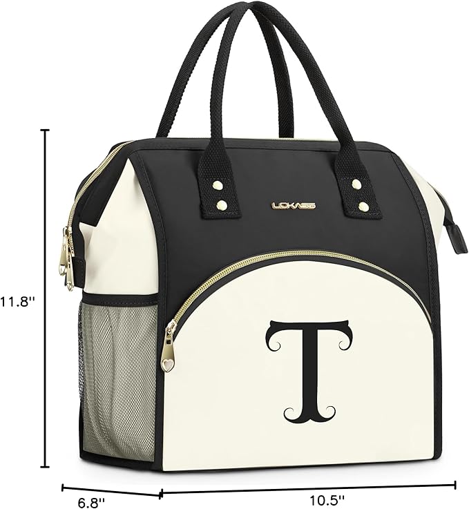 Personalized Lunch Bag for Women, Preppy Reusable Insulated Initials Lunch Box Gift for Friend Large Wide-Open Water Resistant Adult Cooler Tote Bag for Work, Travel, Picnic - Black T