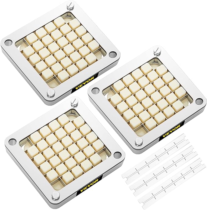 VEVOR Replacement Chopper Blade, 1/2 inch, 3 PCS French Fry Blade Assembly with 6 Extra Knives, Stainless Steel Dicer Parts and Push Block for Cutting Potatoes Carrots Onions Cucumbers Mushrooms