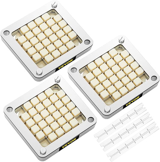 VEVOR Replacement Chopper Blade, 1/2 inch, 3 PCS French Fry Blade Assembly with 6 Extra Knives, Stainless Steel Dicer Parts and Push Block for Cutting Potatoes Carrots Onions Cucumbers Mushrooms
