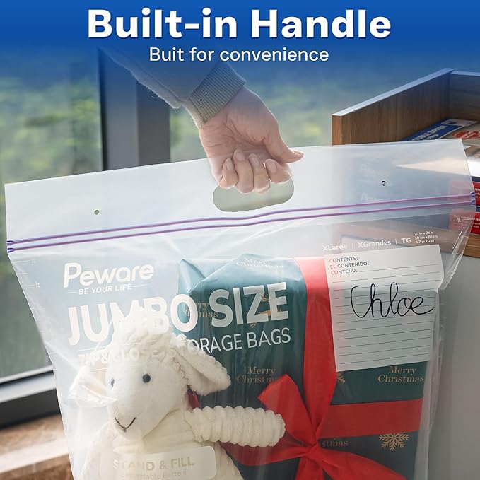 Jumbo Plastic Storage Bags, Extra Large 10Gallon Resealable Zipper Lock Seal Bags for Bedding, Clothes, Travel, and Food, Moving Totes, 20"x26", 5 Pack