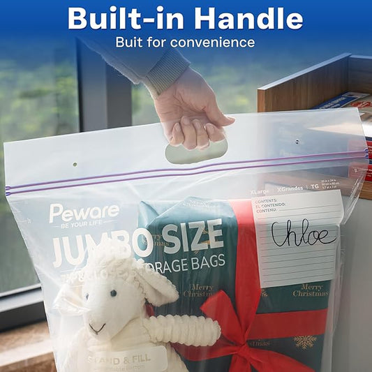 Jumbo Plastic Storage Bags, Extra Large 10Gallon Resealable Zipper Lock Seal Bags for Bedding, Clothes, Travel, and Food, Moving Totes, 20"x26", 15 Pack