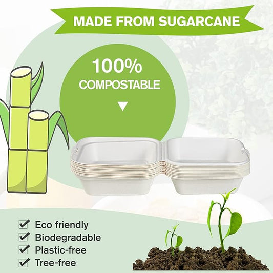 ECOLipak 200 Pack Clamshell Take Out Food Containers, 100% Compostable Disposable To Go Containers，6 * 6 inch To Go Boxes for Salad, Cake,Sandwiches