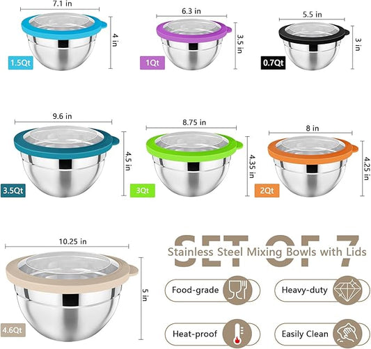 P&P CHEF Mixing Bowl with Lid Set, Stainless Steel Nesting Salad Bowls for Cooking Serving Prepping, Clear Lids & Stackable Design, Size 4.6, 3.5, 3, 2, 1.5, 1, 0.7 Qt - Multicolor, Set of 7
