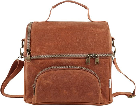 Lunch Box for men with 2 XL icepacks,Sturdy Waxed Canvas Insulated Lunch Bag for Adult, Dual Compartment Soft Cooler Bag For Work, Picnic, Travel, Outdoors (10.5L) 10"x7"x9.5" (Rustic brown)